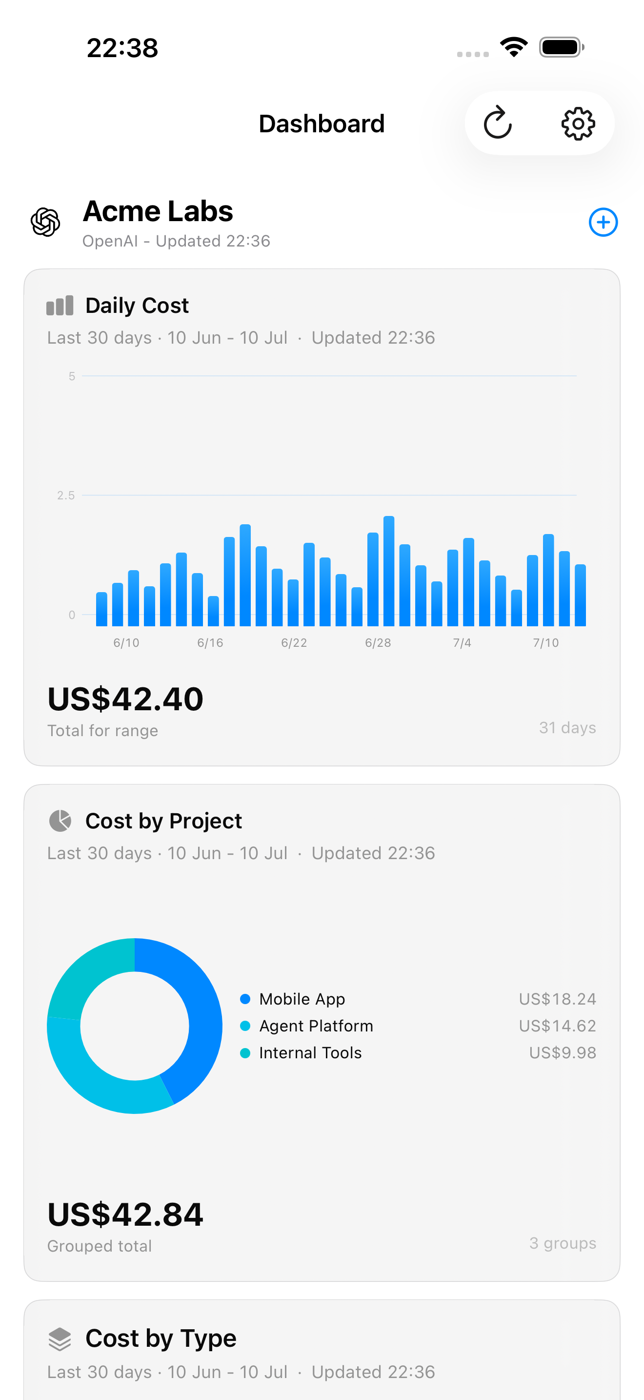 API Usage dashboard showing daily cost and cost by project